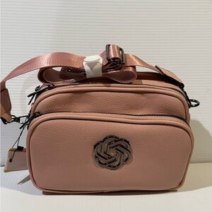 NEW Spacious 100% Vegan Leather Blush Crossbody Bag with Gun Metal Logo Design